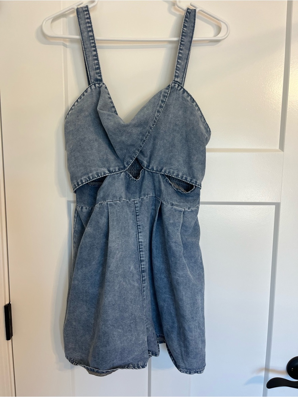 Light Wash Denim-Look Cut-Out Romper 80s, 90s Style, Coastal Cowgirl